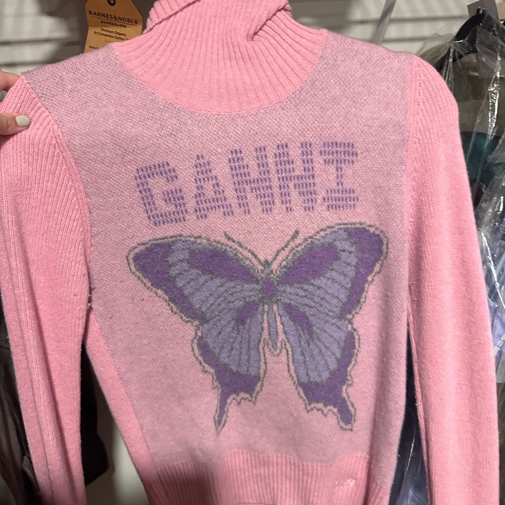 Ganni Pink Turtleneck Sweater with Purple Butterfly